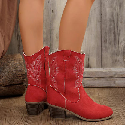 Elizabeth Ainsley Embroidered Western Boots - Chunky Heel