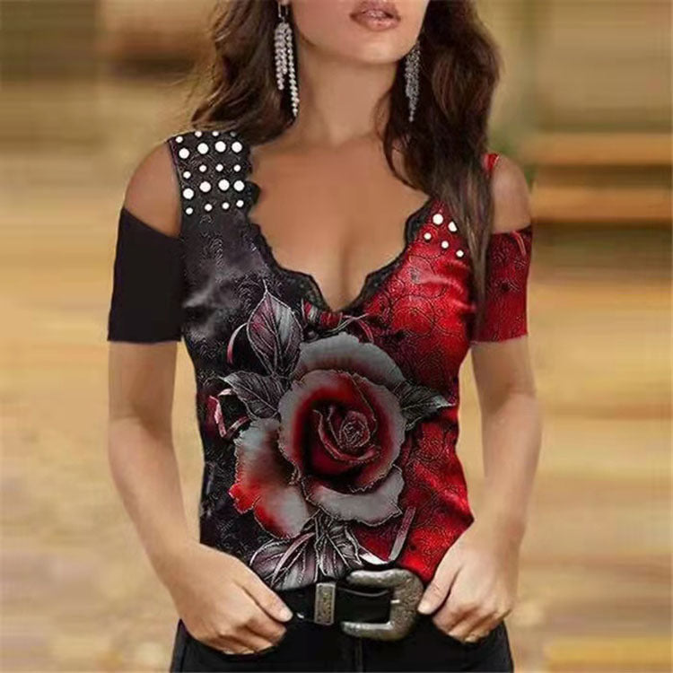 Romantic Rose Print Elizabeth Ainsley Summer T-Shirt