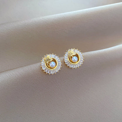 Gold Crystal Sun Pendant Necklace with Pearl Center