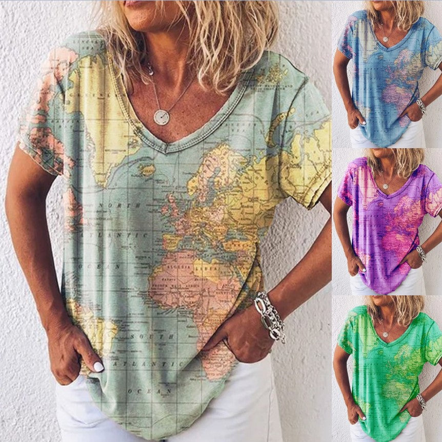 Map Print Elizabeth Ainsley V-Neck Everyday Top