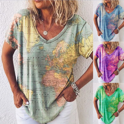 Map Print Elizabeth Ainsley V-Neck Everyday Top