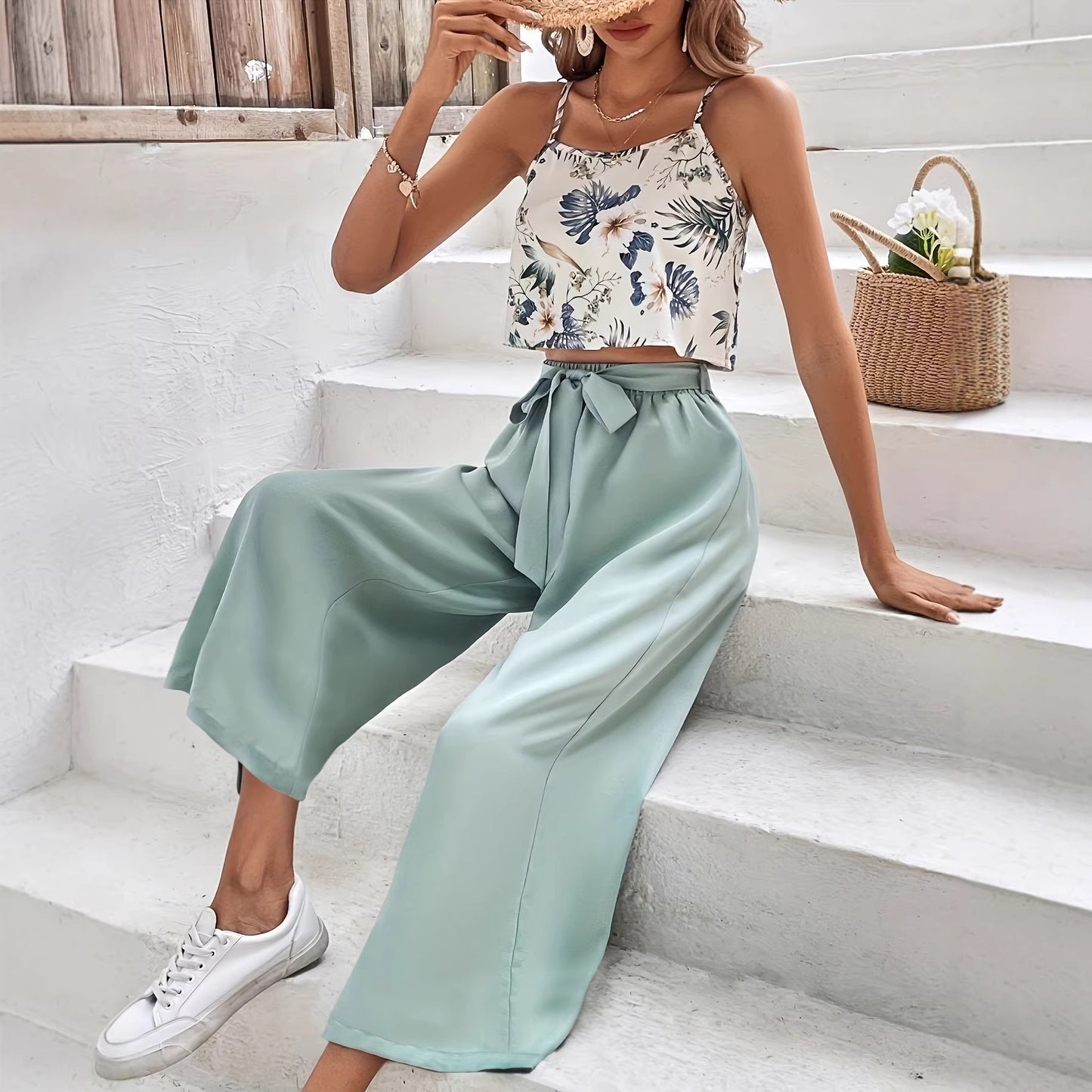 Womens Casual Printed Top And Tie-Front Pants Set