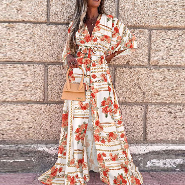 Vibrant V-Neck Lace-Up Maxi Dress by Elizabeth Ainsley