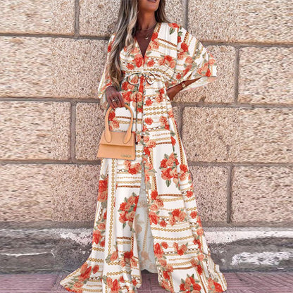 Vibrant V-Neck Lace-Up Maxi Dress by Elizabeth Ainsley