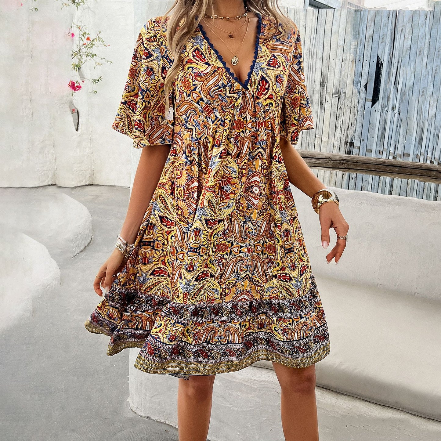 Boho Printed V-Neck Dress by Elizabeth Ainsley