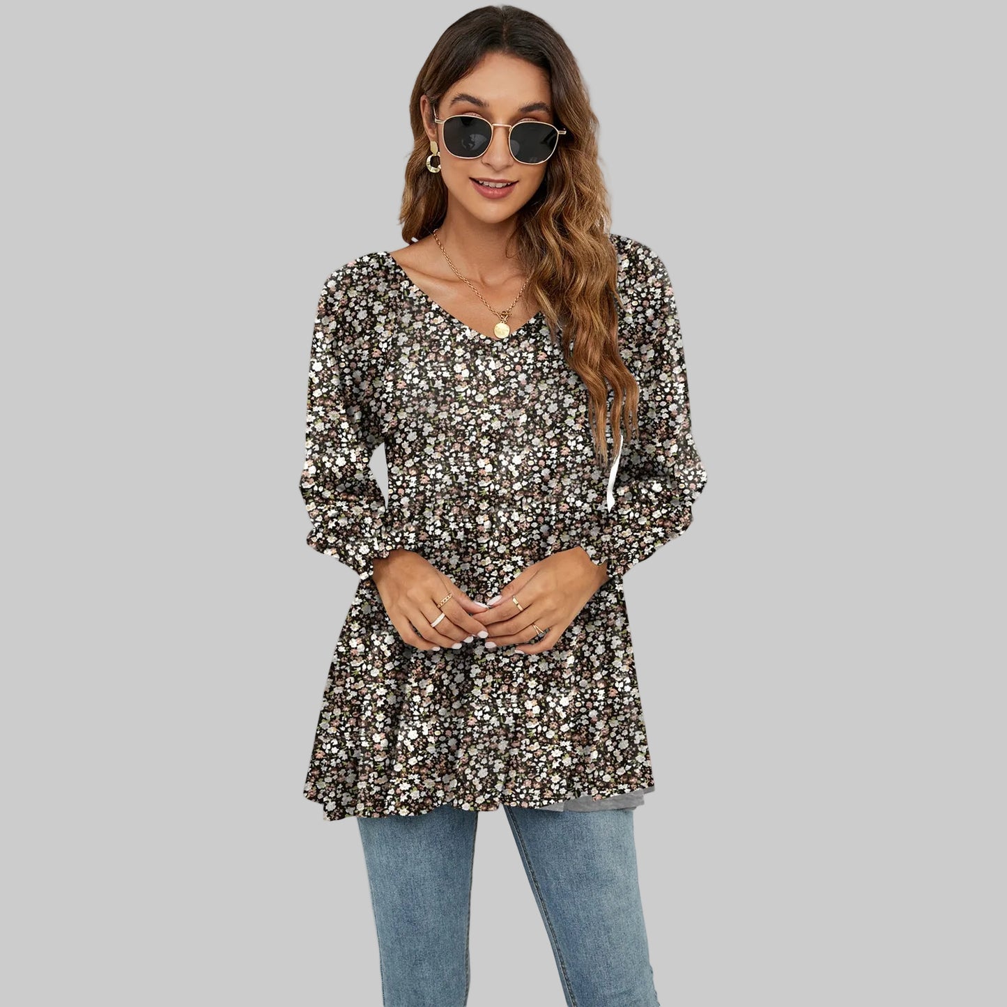 Floral Puff Sleeve V-Neck Top by Elizabeth Ainsley