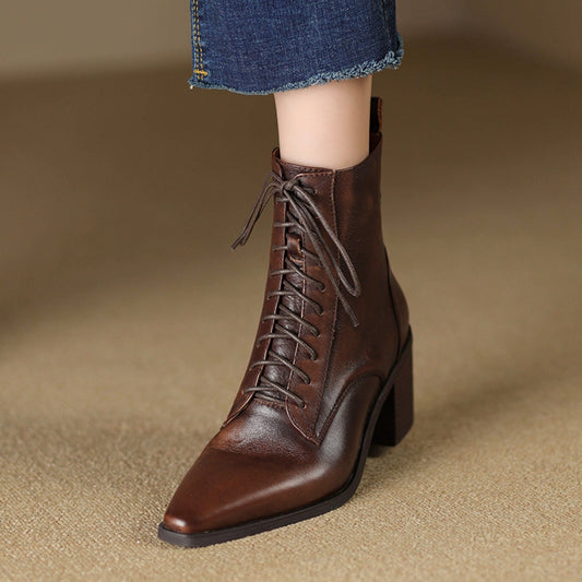 Elizabeth Ainsley Ankle Boots - Thick Heel Lace-Up Comfort