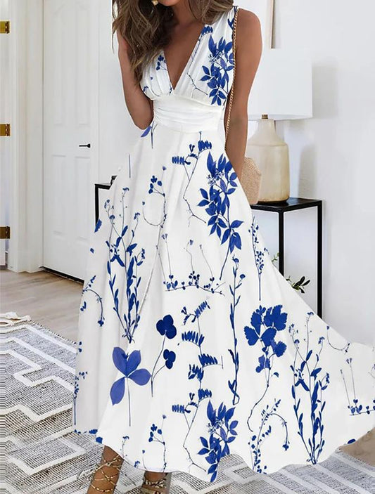 Floral V-Neck High Waist Dress by Elizabeth Ainsley