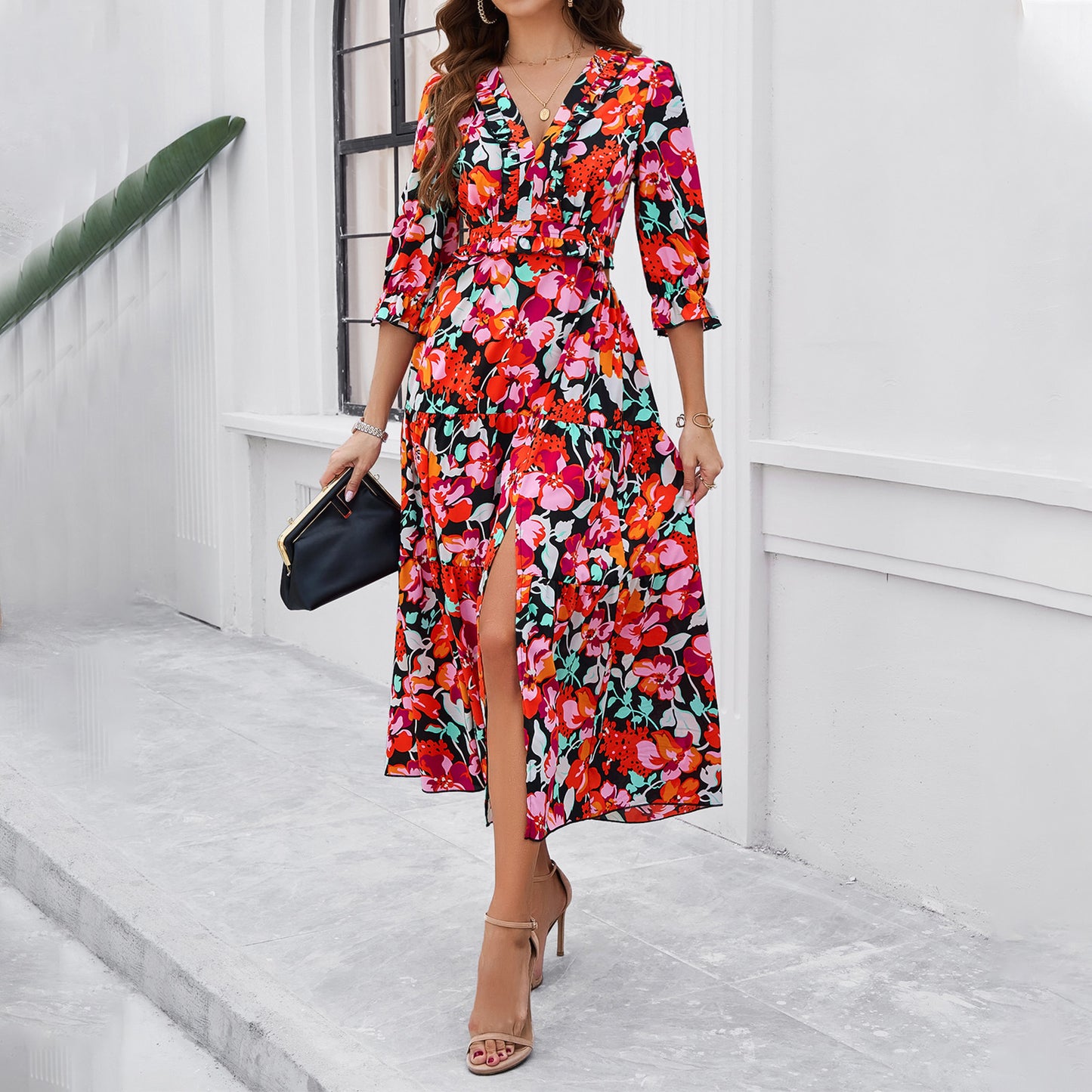 Chic Floral Elizabeth Ainsley Vacation Midi Dress