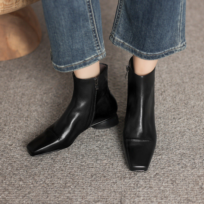 Elizabeth Ainsley Cowhide Boots - Square Toe, Side Zipper