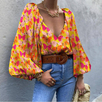 Retro Butterfly V-Neck Blouse by Elizabeth Ainsley