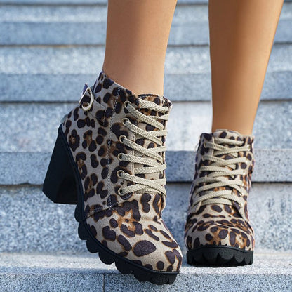 Elizabeth Ainsley Leopard Print Ankle Boots - Square Heel