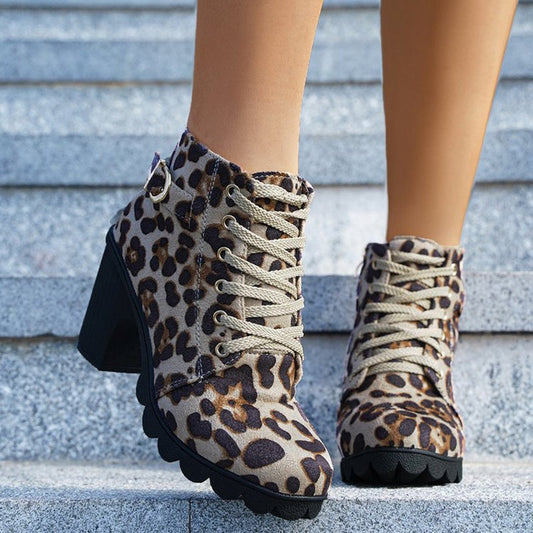 Elizabeth Ainsley Leopard Print Ankle Boots - Square Heel
