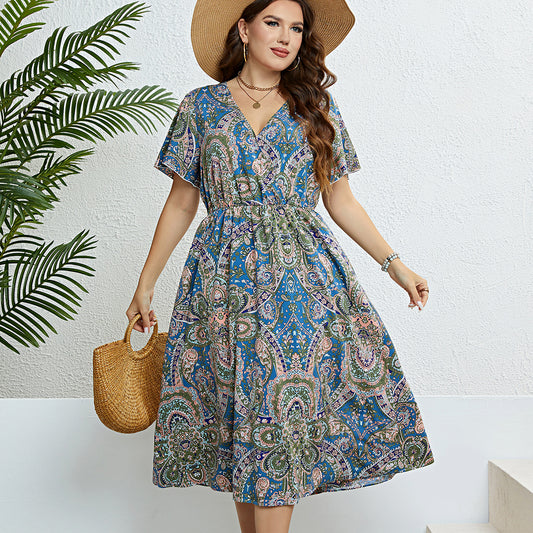 Retro Print Elizabeth Ainsley V-Neck Summer Dress