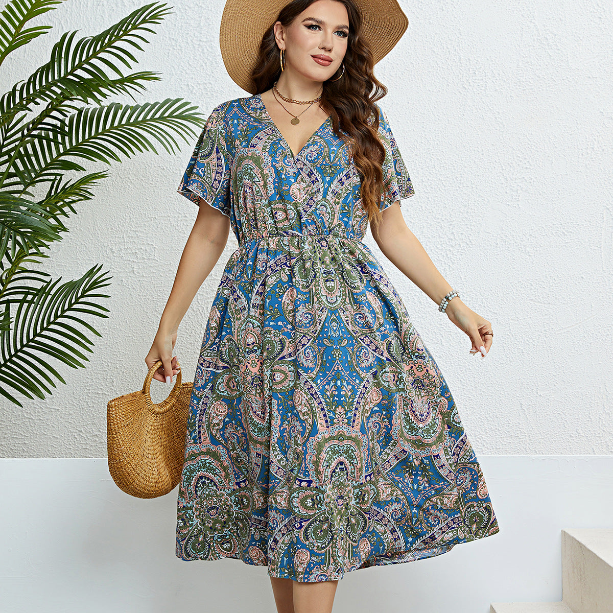Retro Print Elizabeth Ainsley V-Neck Summer Dress