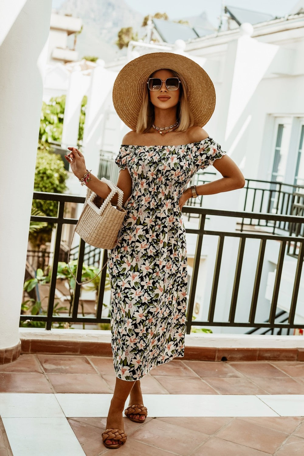 Boho Off Shoulder Elizabeth Ainsley Summer Print Dress