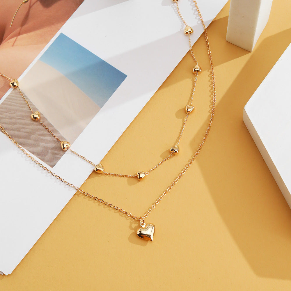 Layered Gold Heart Necklace – Double Chain Beaded Pendant Necklace