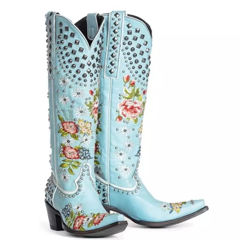 Elizabeth Ainsley Floral Blue Studded Pointed Toe Boots