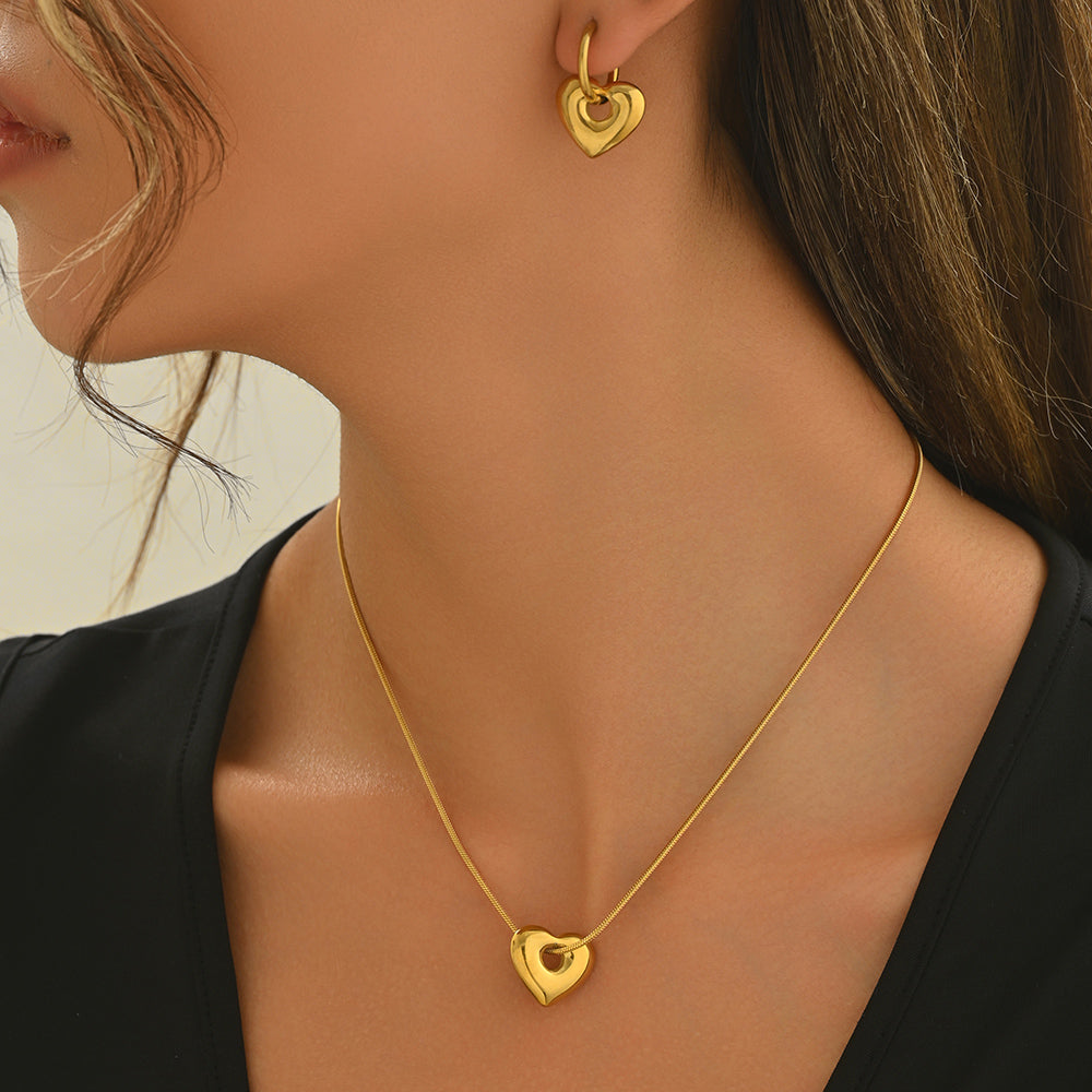 Minimal Heart Pendant Necklace & Hoop Earring Set
