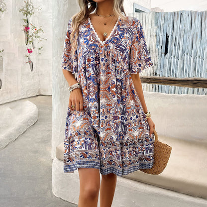 Boho Printed V-Neck Dress by Elizabeth Ainsley