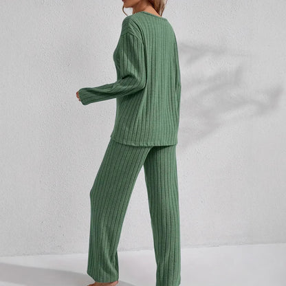 Ribbed Long-Sleeve Top And Pants Casual Comfortable Womens Loungewear Set