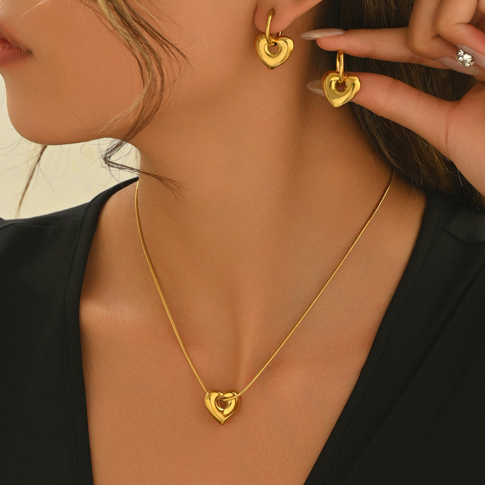 Minimal Heart Pendant Necklace & Hoop Earring Set
