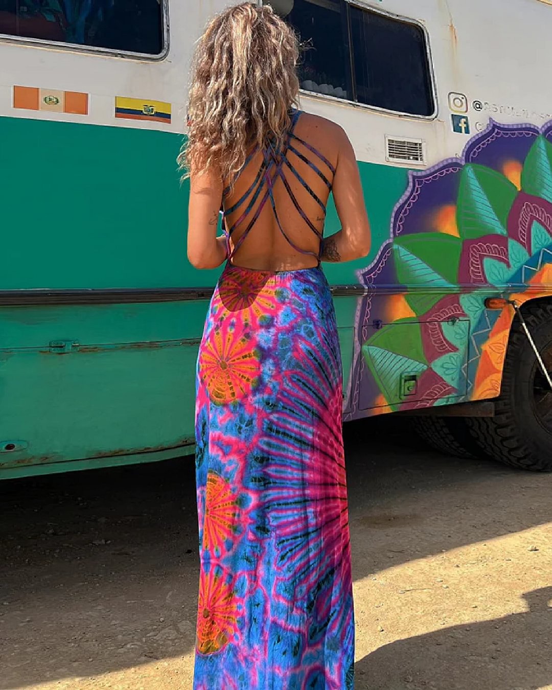 Vibrant Geometric Elizabeth Ainsley Backless Maxi Dress