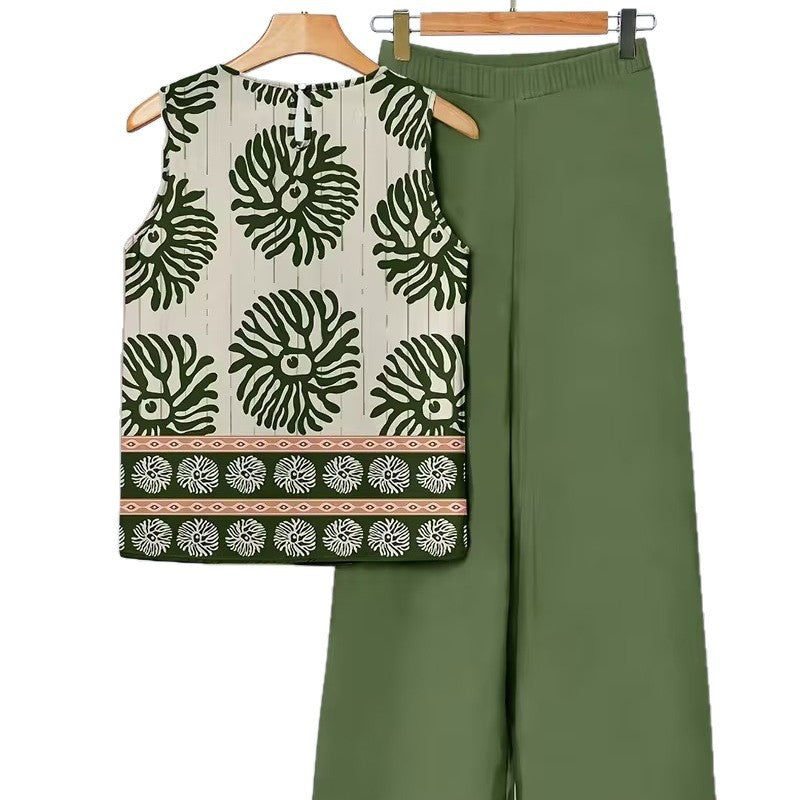 Womens Sleeveless Irregular Tank Top And Pants Fashionable Printed Two-Piece Set