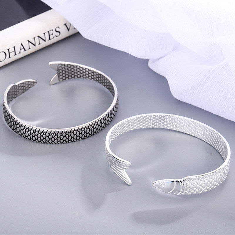 Fish Motif Open Cuff Bracelet with Detailed Sculptural Finish