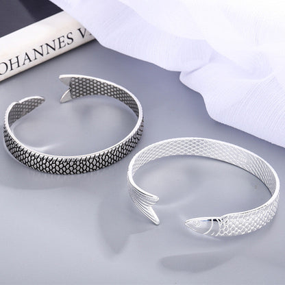 Fish Motif Open Cuff Bracelet with Detailed Sculptural Finish