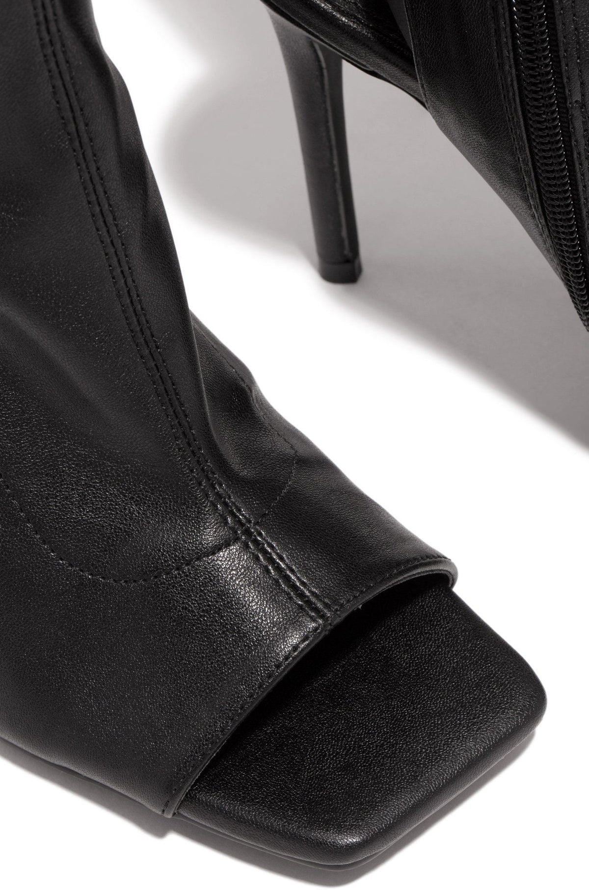 Qamar | Orthopedic Nude Faux Leather Peep-Toe Thigh-High Stiletto Boots
