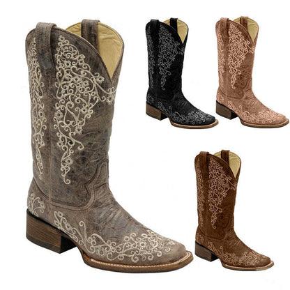 Elizabeth Ainsley Embroidered Mid-Calf Boots - Chunky Heel