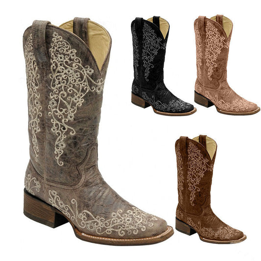 Elizabeth Ainsley Embroidered Mid-Calf Boots - Chunky Heel