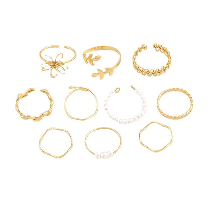 Boho Gold Stacking Ring Set – Floral & Pearl Detail Bands