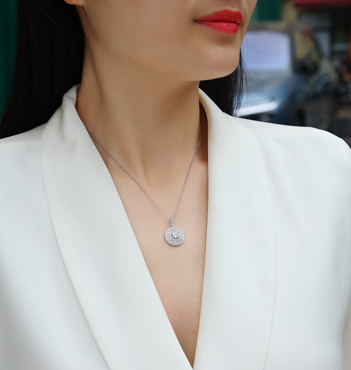 Classic Moissanite Double Halo Pendant Necklace
