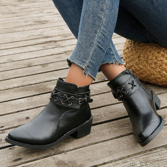 Elizabeth Ainsley Leather Ankle Boots - Thick Heel Zip
