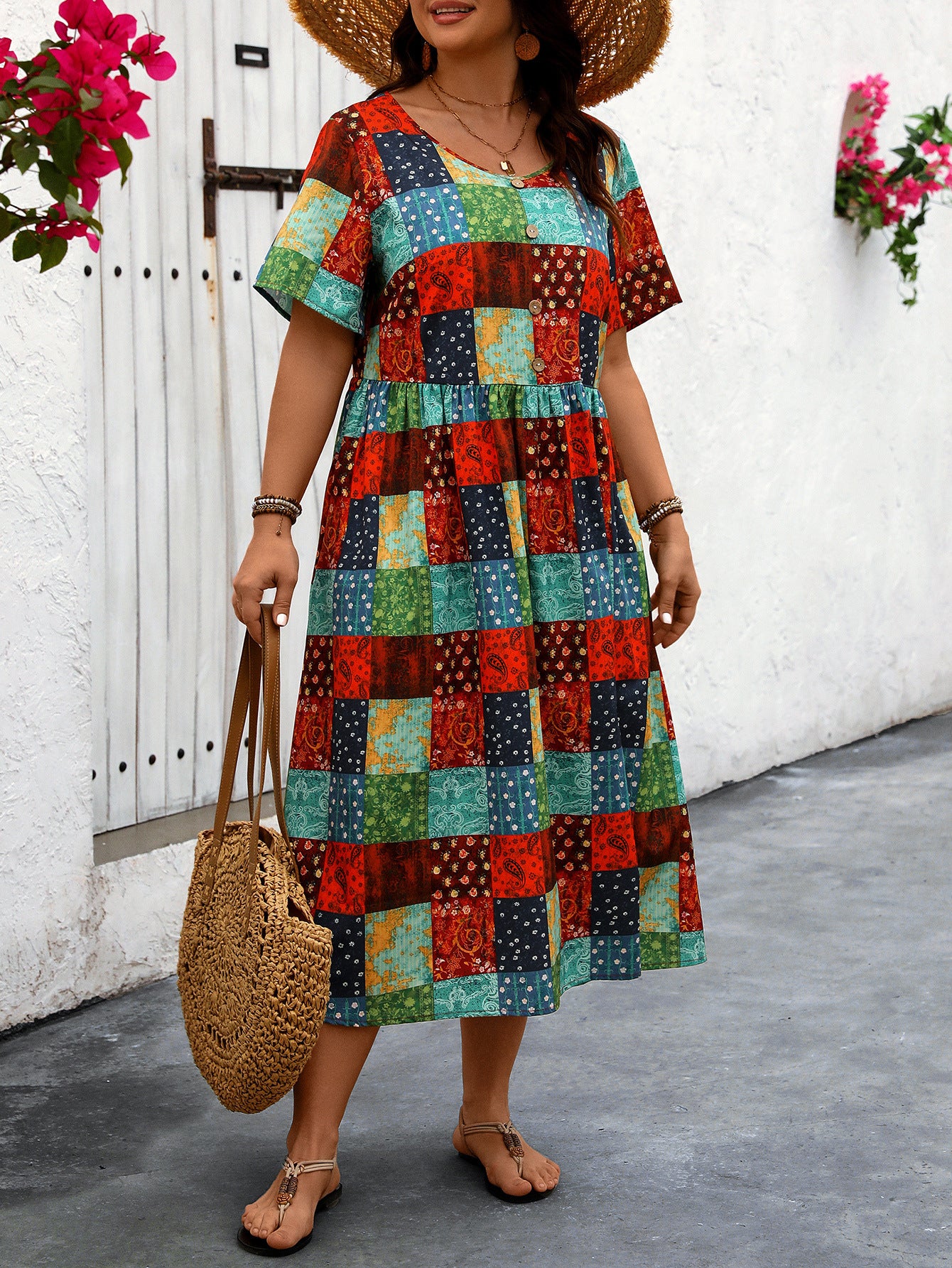 Vibrant Patchwork Elizabeth Ainsley Summer Maxi Dress