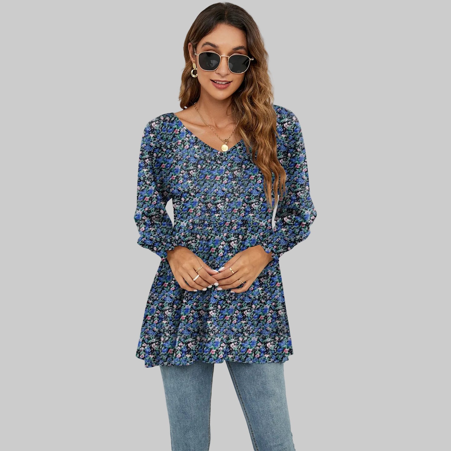 Floral Puff Sleeve V-Neck Top by Elizabeth Ainsley