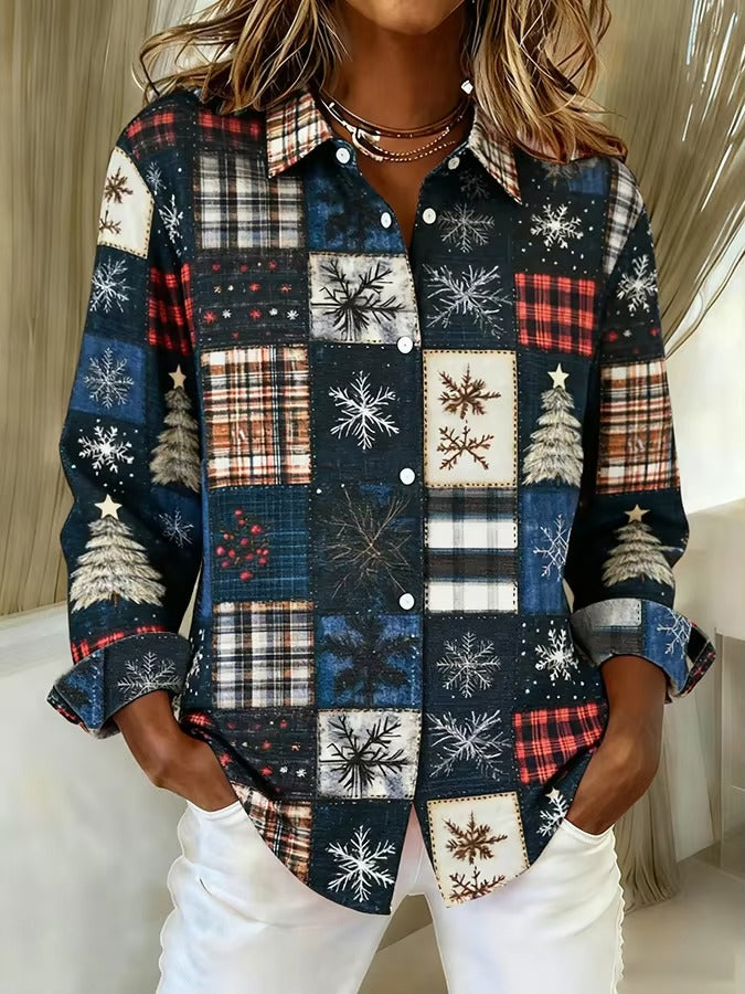 Plaid Colorblock Elizabeth Ainsley Long Sleeve Blouse